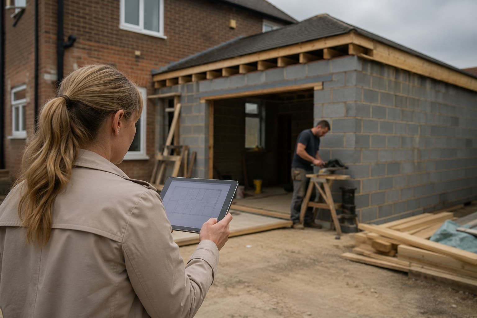 Homeowner reviewing project progress at a residential extension site